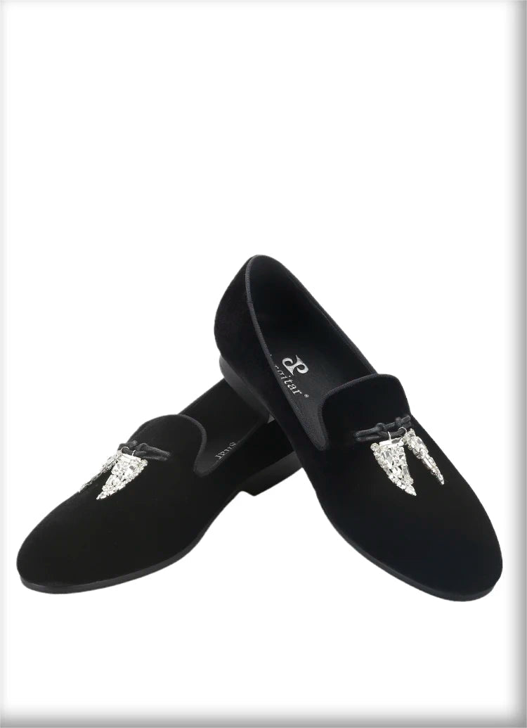Black Velvet Men's Loafers with Clear Crystal Tassels, Handmade Man Moccasins for Party and Banquet Plus Size