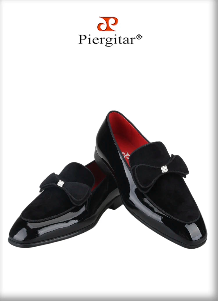 Piergitar Black Patent Leather Patchwork Velvet Men's Loafers Handmade Bow Tie Moccasins British Classic Style Smoking Slippers