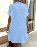 Women's Fashion Summer Minimalist V-neck Button Up Dress Woman Cotton Linen White Short Sleeved Pocket Casual Loose Shirt Dress