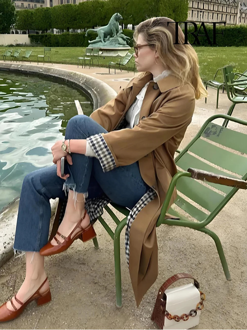 TRAF Women's Fashion Long Trench Coat Retro Loose Single-breasted Coat Autumn and Winter Lapel High Street Temperament Coat