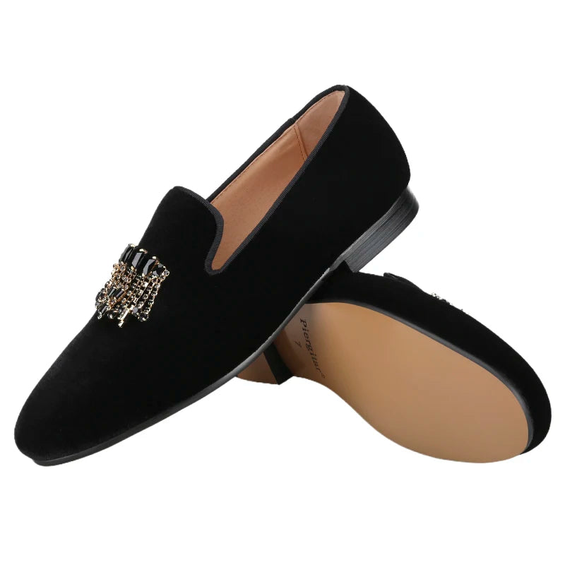 Piergitar Black Color Men Velvet Shoes With Handmade Rhinestones Buckle For Party And Wedding Classic Model Slip-On Loafers