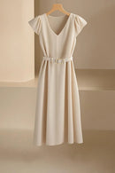 2024 Spring Summer Women's V-Neck Midi Dress Soft Stretch Office Casual Chic Solid Color No Belt Included