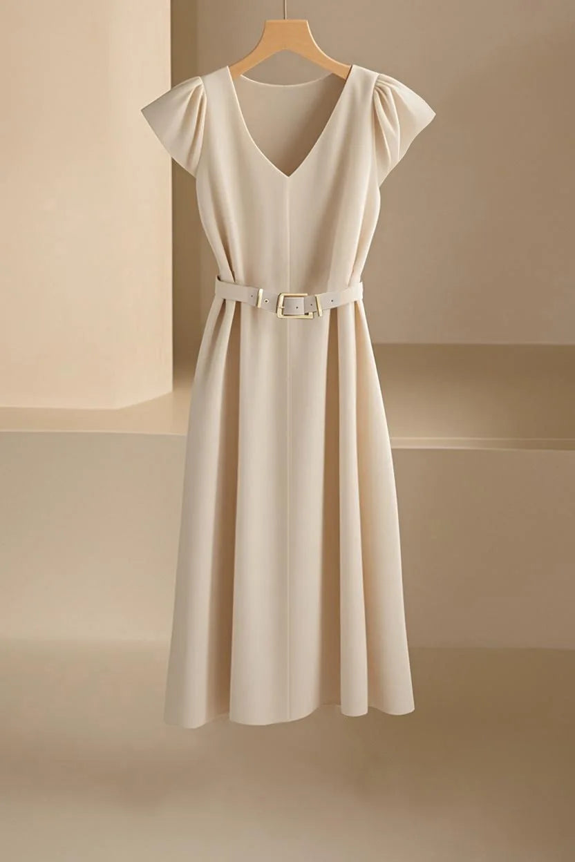 2024 Spring Summer Women's V-Neck Midi Dress Soft Stretch Office Casual Chic Solid Color No Belt Included