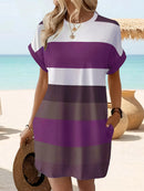 Chic Plus Size Dress: Elegant Stripes, Roll-Up Sleeves, Pockets - Comfortable & Casual Women's Dress