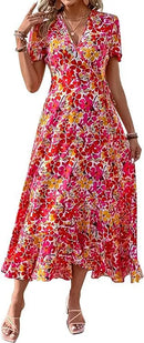 2025 Summer Women's Short-sleeved Dress V-neck Floral High Waist Slim and Stylish Bohemian Pleated Long Skirt