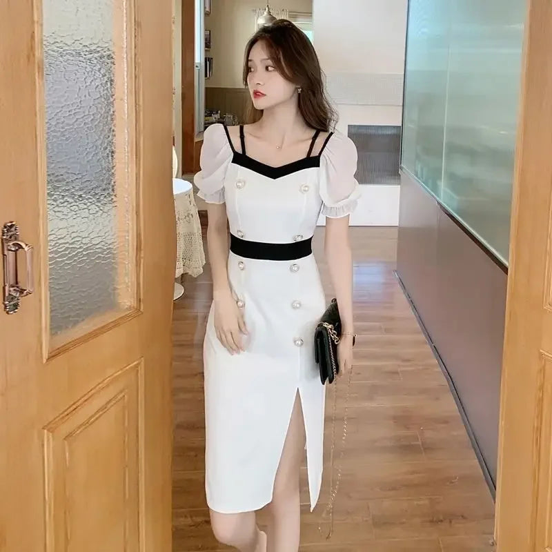 Midi Woman Dress Split Elastic Sleeve Y2k Fashion Summer