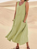 Women Linen Sundress Summer Female Sleeveless Double Big Pocket Loose Sand Beachwear Long Dress Oversized