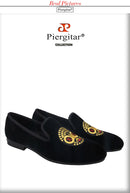 Piergitar New Arrival Black Velvet Men's Loafers Handmade African Tribal Embroidery Man Smoking Slippers For Pary And Wedding