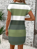 Chic Plus Size Dress: Elegant Stripes, Roll-Up Sleeves, Pockets - Comfortable & Casual Women's Dress
