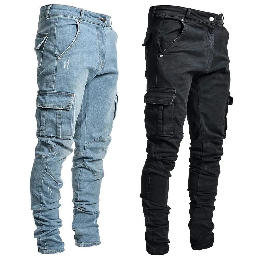 Men Solid Color Multi Pockets Casual Mid Waist Trousers