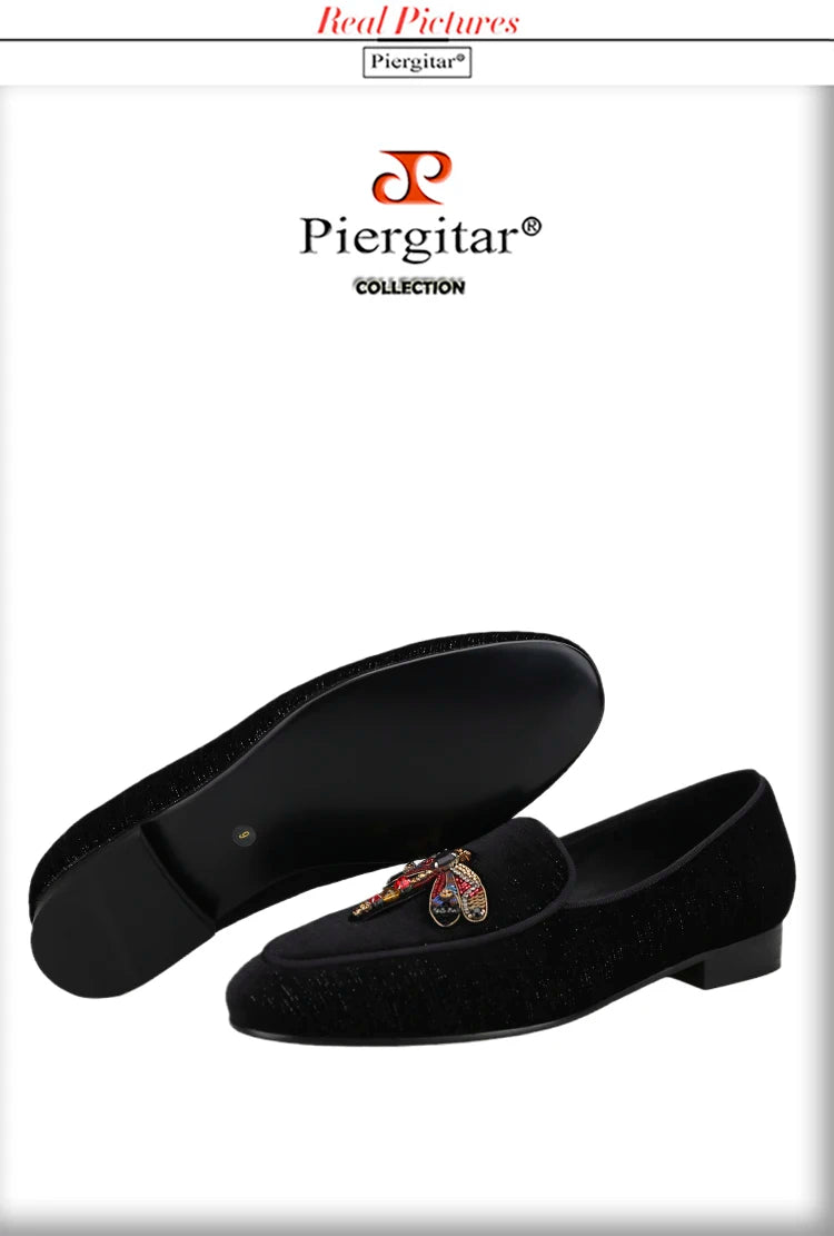 Piergitar 2022 Handmade Rhinestone Sequin Dragonfly Embroidered Patch Men's Loafers British Style Retro Moccasins Slip-On Shoes