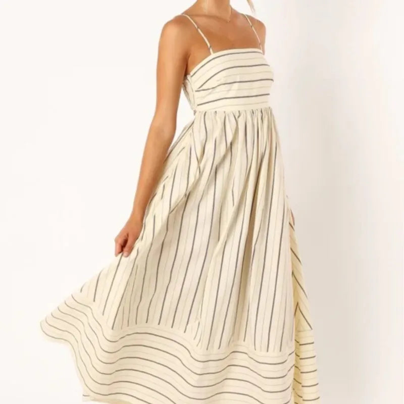 Spring And Summer Striped Vest Backless Large Swing New Dress For Women, Collarless And Sleeveless Oversized Swing Dress