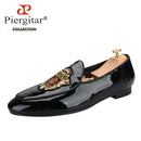 Piergitar Black Patent Leather Men's Loafers With Manual Embroidery Patches Imported From India Slip-On Moccasins Red Outsoles