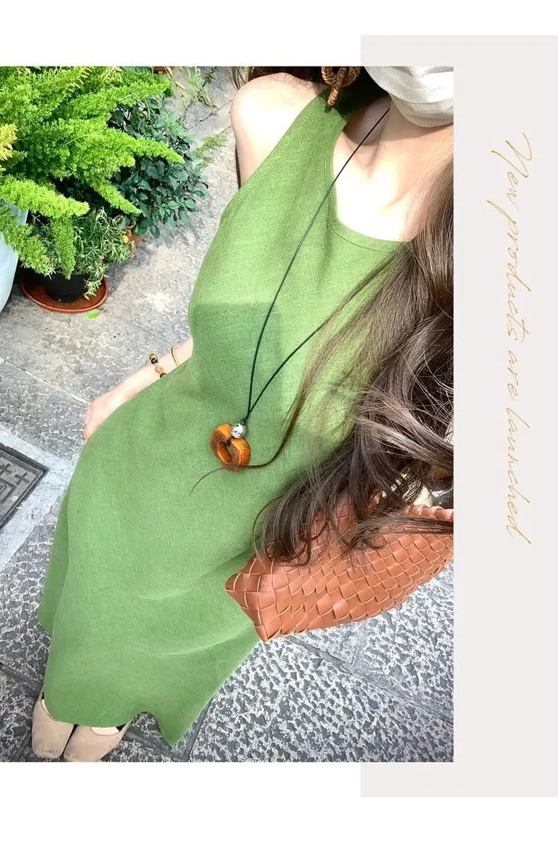 Ramie Linen Slip Dress 2025 Summer Women Sleeveless Maxi Dress Organic Minimalist Aesthetic Waist Defined Sustainable ResortWear