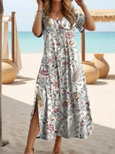 Elegant Summer Plus Size V-Neck Butterfly Print Dress - Split Hem Short Sleeve Women's Fashion