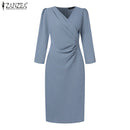 ZANZEA Summer Fashion Womens Dress Sexy Solid Color Knee Length Bodycon Sundress Elegant 3/4 Sleeve V-Neck Work OL Vestidos 2025