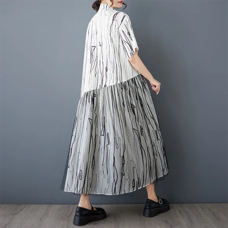 Stripe Print Mid Length Buttoned Midi Dress