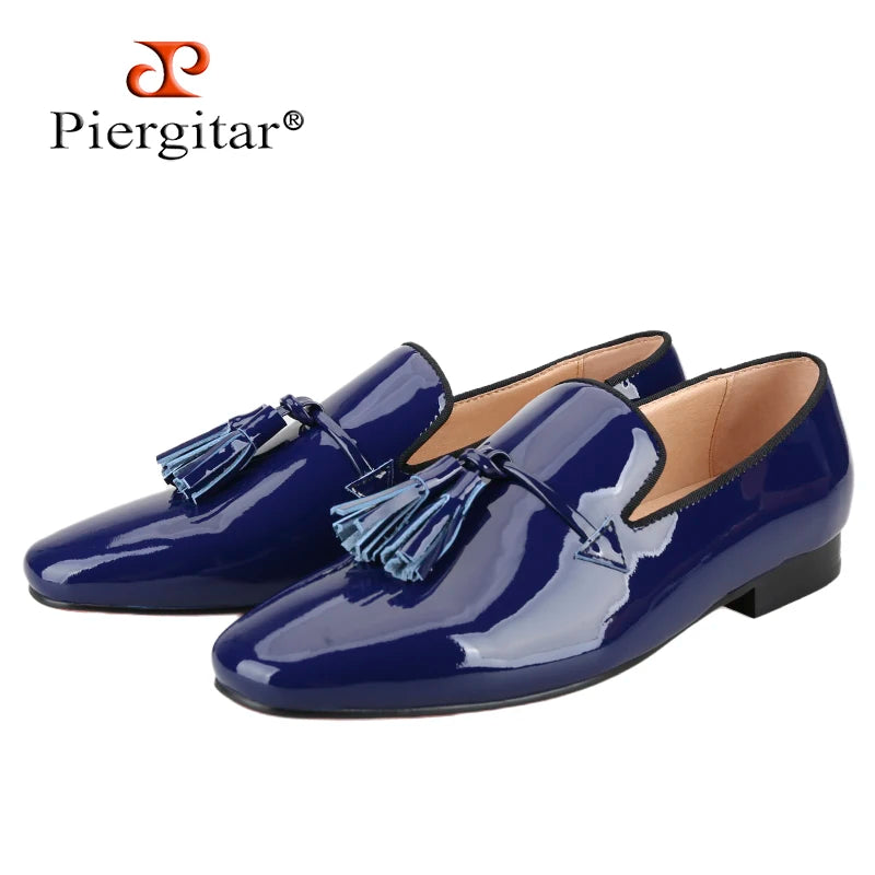 Piergitar 2024 New Model Royal Blue And Black Patent Leather Men's Tassels Shoes For Fashion Party Handmade Slip-On Loafers