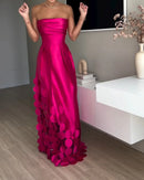 European and American Fashion Strapless, High-waisted Evening Gown, Women Design Sense Stitching Wafer Satin Sexy Dress Vestidos