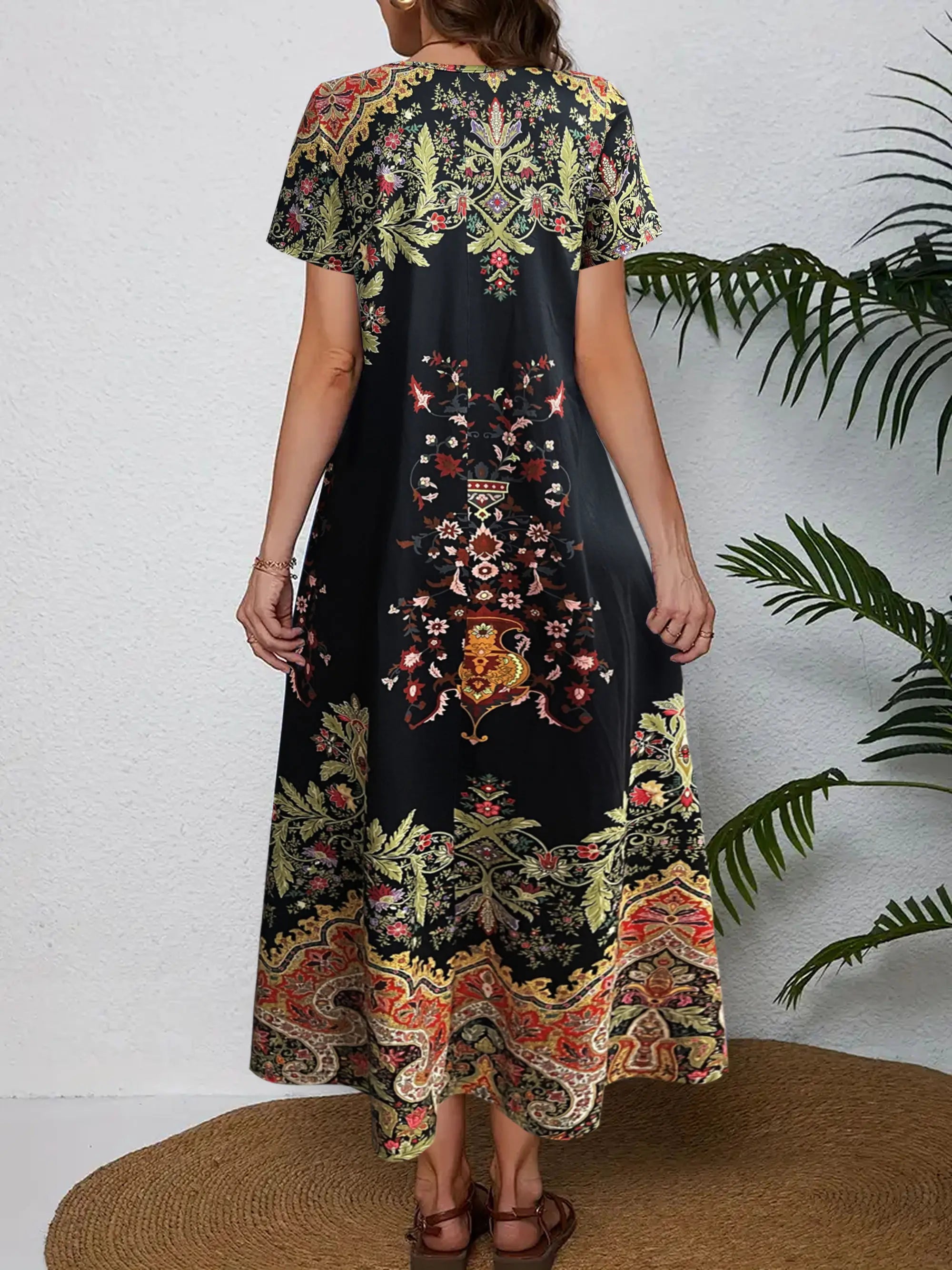 Women's Summer Floral Maxi Dress, V - Neck Short Sleeve, Ideal Vacation Outfits Women, Flowy Dress Summer