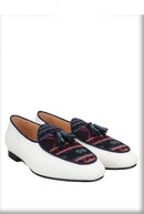 Men's Loafers in Classic Handmade Leather Tassels, Ivory Color Canvas Mix Ethnic Style Cotton
