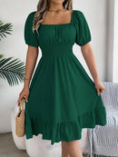 2024 New Fashion Solid Puff Sleeve Square Neck Ruched Bust Ruffle Hem Wasit Dress, Women's Clothing