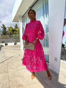 Spring New French Lace Standing Neck Bubble Sleeves Wrapped Waist for Slimming Dress, Elegant European and American Long Dress