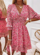 New Mid length Dress Waist Pullover Bohemian Printed Short Sleeve Fragmented Flower Dress