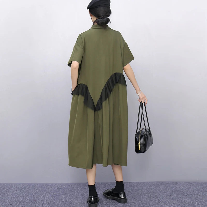 Mesh Ruffles Joined New 2025 Summer Woman Short-Sleeve Green Shirt Dress Loose Fit Tide Big Size Girls Casual Large Robe JKXD026