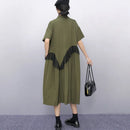 Mesh Ruffles Joined New 2025 Summer Woman Short-Sleeve Green Shirt Dress Loose Fit Tide Big Size Girls Casual Large Robe JKXD026