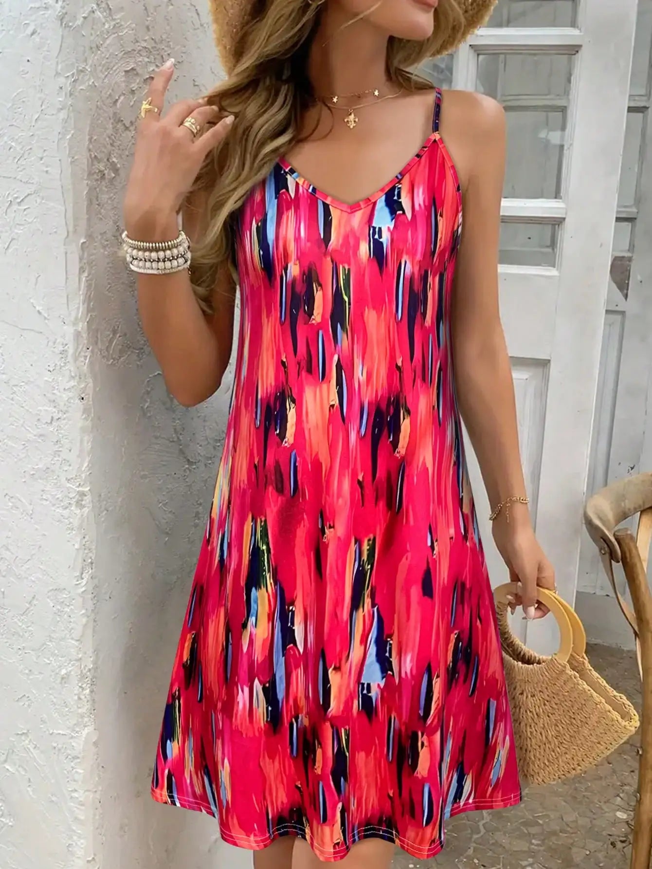 Women's Summer V-Neck Slip Dress - Sleeveless All-Over Print Vacation Sundress , SlayDiva Beach Dress for Women, Flowy Bohemia M