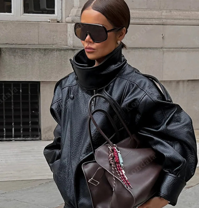 Women 2025 Fall Winter Leather Standing Collar Jacket Faux PU Zipper Pilot Jacket Coat Casual Fashion Outwear Ladies Jacket