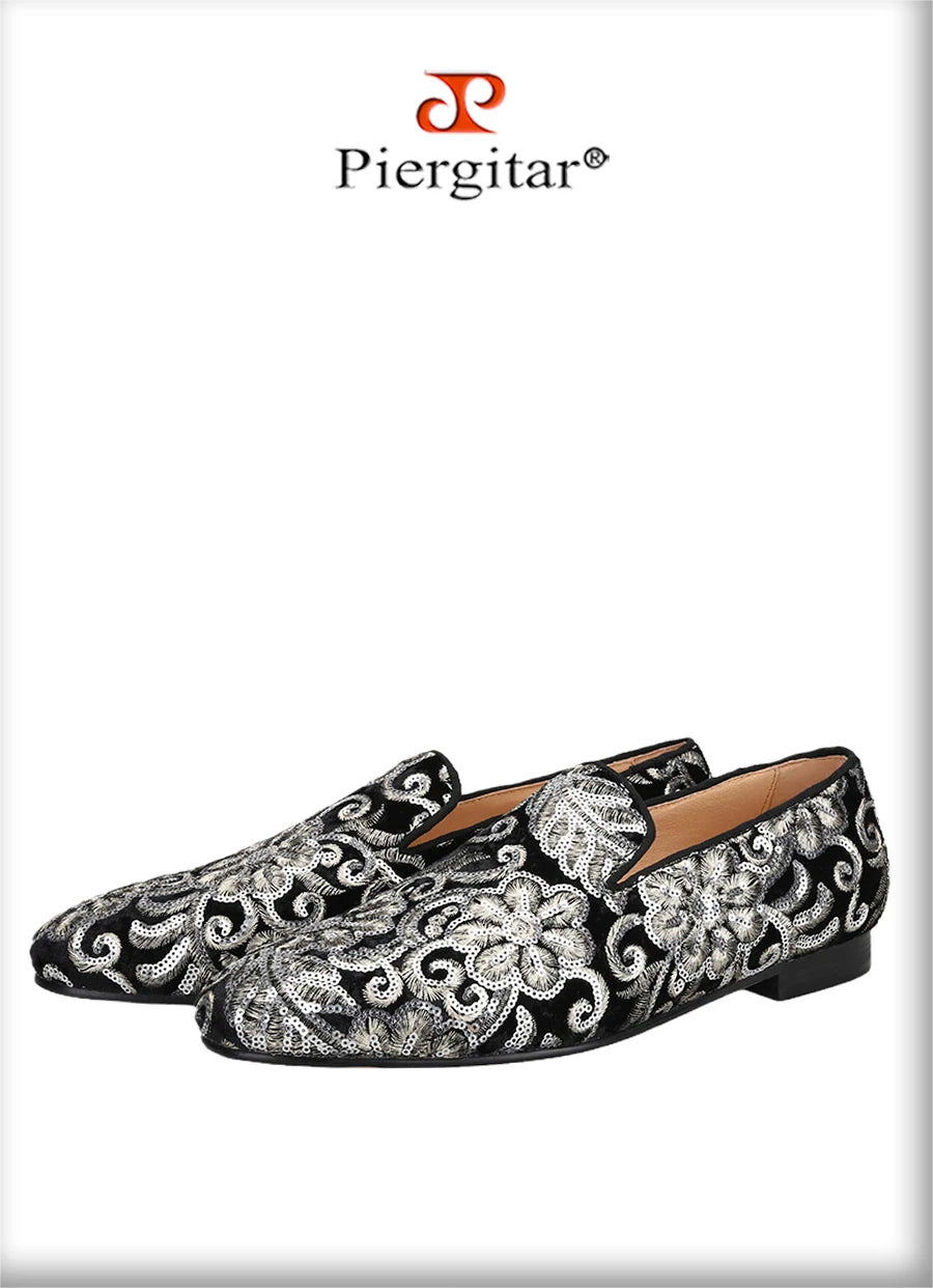 Piergitar Handmade Paisley Pattern Bling Men Velvet Shoes For Party And Wedding Superglamourous Brand Same Model Slip-On Loafers