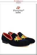 Piergitar British Style Embroidery Navy Velvet Shoes With Gold Outsole Handmade Men Loafers Slip-On Smoking Slippers For Party
