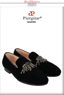 Piergitar Black Color Men Velvet Shoes With Handmade Rhinestones Buckle For Party And Wedding Classic Model Slip-On Loafers