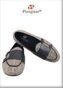 Piergitar 2024 Summer Style Plaid Cotton Men's Loafers Handmade Stitching Metal Buckle Monk Slippers Breathable Leather Insole