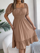 2024 New Fashion Solid Puff Sleeve Square Neck Ruched Bust Ruffle Hem Wasit Dress, Women's Clothing