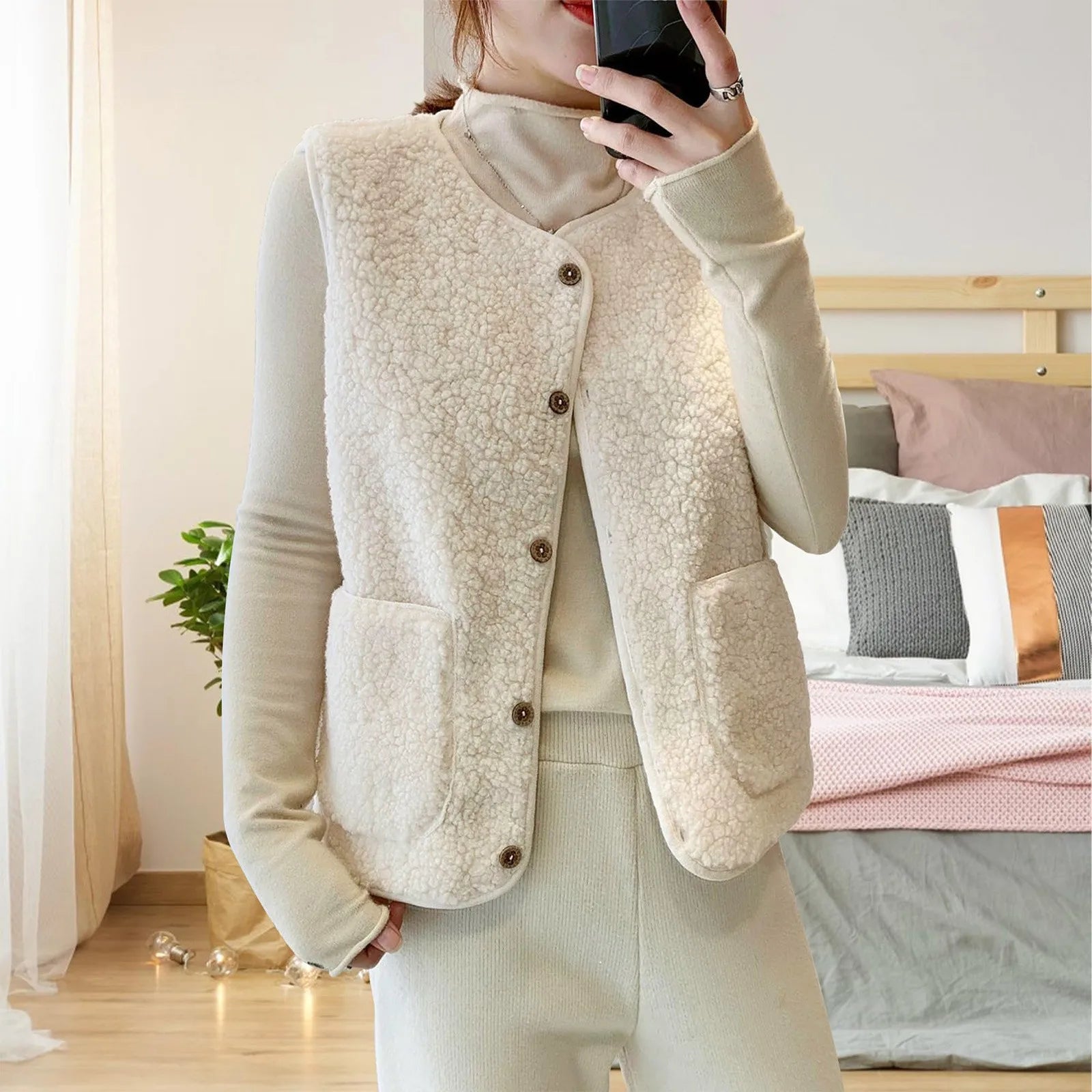 Women'S Teddy Fleece Vest Autumn Thin Vest Sleeveless Coat Plain Plush Vest Short Jacket Loose Fleece Vest Women Outwear