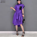 Extra Sleeves Decorated New 2025 Summer Korean Style Woman Purple Shirt Dress Loose Fit Chic Unique Big Size Casual Robe JKXD005