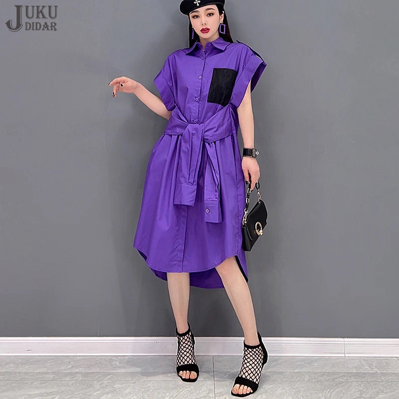 Extra Sleeves Decorated New 2025 Summer Korean Style Woman Purple Shirt Dress Loose Fit Chic Unique Big Size Casual Robe JKXD005
