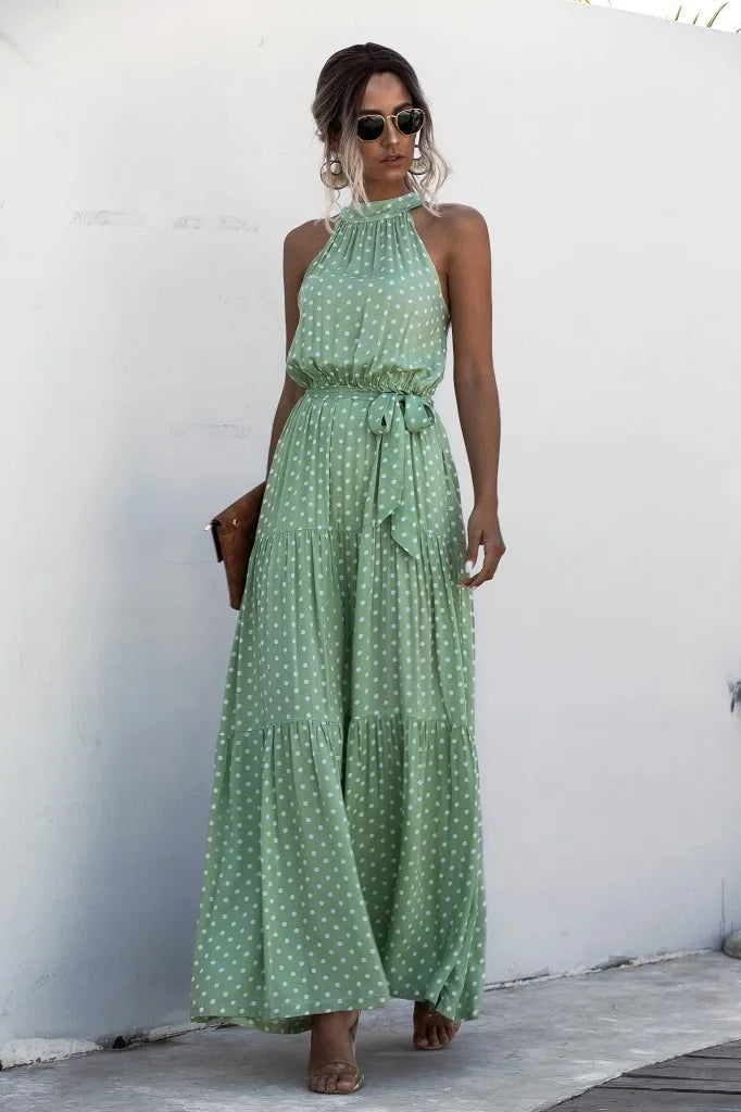2025 Top Selling Women's Dress Elegant and Sexy Office Commuting Travel Leisure Wave Point Printed Neck Strap Dress Long Skirt