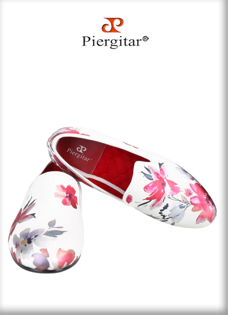 Piergitar White Color Fabric Of China Oil Painting Style Men's Loafers For Fashion Party And Wedding Handmade Slip-On Flats