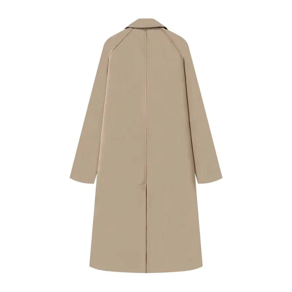TRAF Women's Fashion Long Trench Coat Retro Loose Single-breasted Coat Autumn and Winter Lapel High Street Temperament Coat