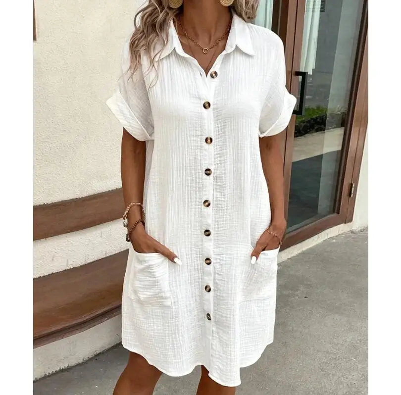 Women's Casual Elegant Loose Dresses with Turn-down Collar and Summer Solid Short Sleeve Shirt