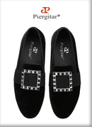 Piergitar Black And Silver Rhinestones Square Buckles Men Velvet Shoes For Wedding Or Party Handmade Slip-On Loafers Plus Size