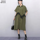 Mesh Ruffles Joined New 2025 Summer Woman Short-Sleeve Green Shirt Dress Loose Fit Tide Big Size Girls Casual Large Robe JKXD026