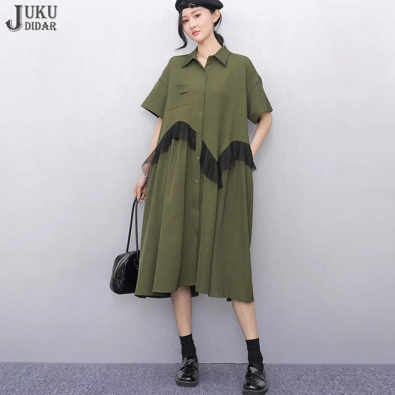 Mesh Ruffles Joined New 2025 Summer Woman Short-Sleeve Green Shirt Dress Loose Fit Tide Big Size Girls Casual Large Robe JKXD026