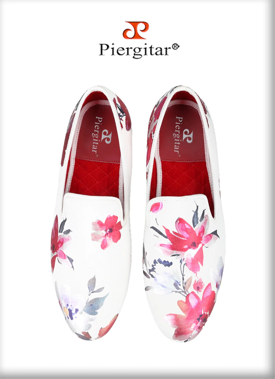 Piergitar White Color Fabric Of China Oil Painting Style Men's Loafers For Fashion Party And Wedding Handmade Slip-On Flats