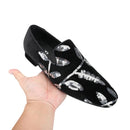 Piergitar Black And Dark Purple Velvet With Handmade Floral Sequin Men's Loafers CL Same Classic Red Outsole Slip-On Moccasins