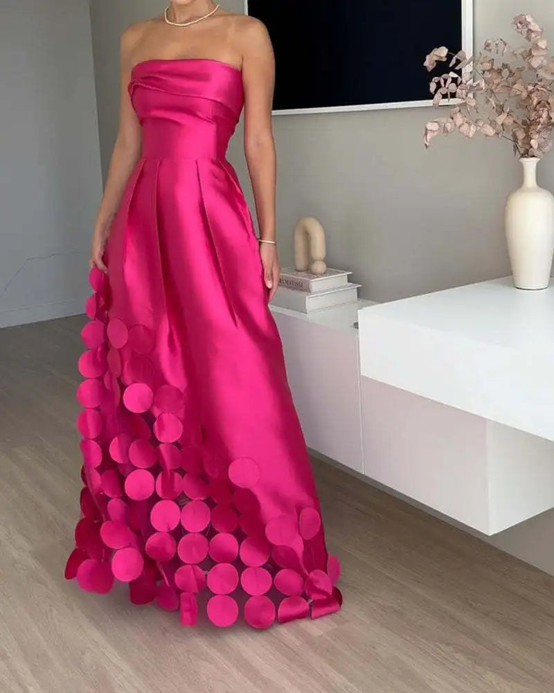 European and American Fashion Strapless, High-waisted Evening Gown, Women Design Sense Stitching Wafer Satin Sexy Dress Vestidos